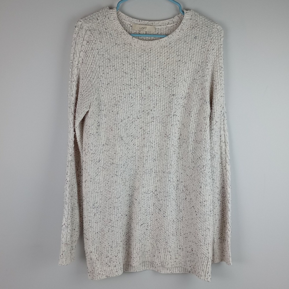 LOFT Womens M White Speckled Knit Cotton Blend Long Sleeve Crew Neck Sweater